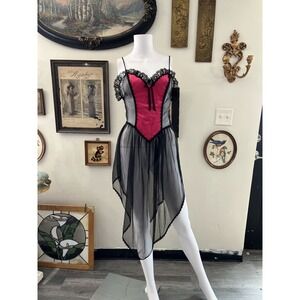 Vintage Nan Flower Sheer Black Hot Pink Lace Trim Hem Slip Lingerie Dress Size M